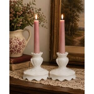 Vintage Pair White Milk Glass Reversible, Candlesticks Pillar or Taper Romantic